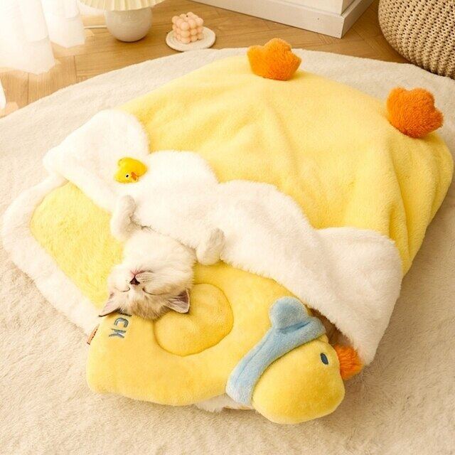 Coral Fleece Yellow Duckling Cat Bed